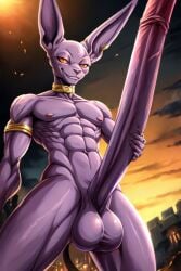 ai_generated beerus big_balls big_penis cocky69 dragon_ball_super excessive_size gay holding_penis hyper_penis long_penis muscular