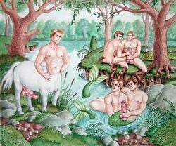 5boys animal_genitalia_on_humanoid blonde_hair boner brown_hair centaur erect_nipples erection european_mythology forest gay greek_mythology holding_penis horns_and_hooves horsecock_on_humanoid humanoid_penis imminent_sex interspecies lake legs_held_open male male_only merfolk merman mushrooms mutual_masturbation mythology penis public_domain satyr tail taur testicles tree unknown_artist water