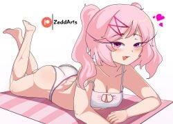 1female 1girls 5_toes ass barefoot beach bikini bikini_bottom bikini_only bikini_top breasts butt doki_doki_literature_club feet female female_only full_body heart hearts natsuki_(doki_doki_literature_club) open_mouth patreon_username pink_eyes pink_hair skin_fang solo solo_female sunbathing swimsuit swimsuit_only swimwear swimwear_only zeddarts