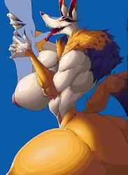 absurd_res anthro ass big_breasts big_butt big_nipples breasts canid canine claws fellatio female fox genitals hi_res huge_breasts human human_on_anthro interspecies kyubi_(yo-kai_watch) larger_female leg_markings level-5 lifting male male/female mammal markings nipples open_mouth oral penile penis penis_on_tongue rentressy sex size_difference smaller_male smile sucking tail thigh_markings tongue tongue_out yellow_body yo-kai_watch