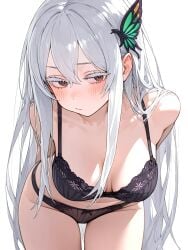 ai_generated april68th aroused belly_button bending_over bent_over black_clothing black_dress black_panties blush bra brown_eyes echidna_(re:zero) embarrassed embarrassed_female girly leaning_forward lingerie lingerie_only long_hair looking_away medium_breasts panties re:zero_kara_hajimeru_isekai_seikatsu slim_waist underwear white_hair white_skin wide_hips witch