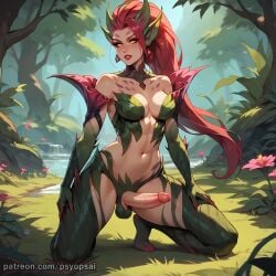 1futa ai_generated artist_name big_penis boobs breasts colored digital_media_(artwork) erect_penis erection flower forest front_view futa_only futanari kneeling league_of_legends legs legs_apart long_hair penis plant_girl plants psyopsai red_hair riot_games solo solo_focus stockings thighs uncensored vines watermark zyra