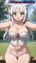 1girls ^^^ ahoge ai_generated animal_ear_fluff animal_ears anime anime_style armpit bangs bare_shoulders bench black_corset blush bow bow_panties braid breasts bust bustier busty cameltoe cat_ears cleavage clothing cloud collarbone corset covered_nipples crotchless_panties day dog_days female female_focus female_only green_eyes grey_hair hairbow hentai highleg_panties labia large_breasts leonmitchelli_galette_des_rois lingerie long_hair looking_at_viewer mole mole_on_breast natsuyoru navel open_mouth outdoors outstretched_arms panties pantsu pussy side_braid single_braid sitting skindentation sky solo solo_female stomach strapless strapless_shirt string_panties teeth thighs thong underwear upper_teeth_only voluptuous voluptuous_female white_hair white_panties