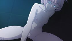 1girls areolae blue_eyes call_of_the_night fangs female female_focus grin hi_res highres lavender_hair light-skinned_female midriff naked nanakusa_nazuna night nipples nude nude_female pussy shaved_pussy short_hair small_breasts thighs vagina vampire vampire_girl yofukashi_no_uta