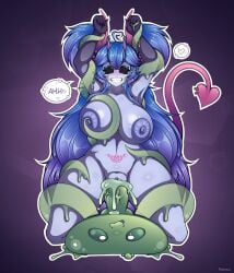 ahoge arms_above_head artist_signature belly_piercing black_sclera blue_hair blue_pussy blush bone_hair_ornament cross-shaped_pupils cumming demon demon_girl ejaculation fapmew female heart_ahoge heart_shaped_tail heart_symbol horns interspecies kneeling mismatched_pupils multi_horn naked naked_female non-human owo penetration penis pink_eyes plaguebby pubic_tattoo purple_nipples purple_skin sex shoulder_spikes slime slime_monster slime_tentacle symbol-shaped_pupils tail_piercing tearing_up tentacle tentacles_around_arms tentacles_around_breasts tentacles_around_legs text text_bubble two_tone_hair vaginal_penetration very_long_hair vtuber