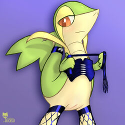 blush closed_mouth clothes female female_only feral green_skin holding leather open_eyes orange_eyes pokemon pokemon_(species) pokemon_bw purple_background pussy sildre snivy solo standing tail tricksta whip yellow_skin