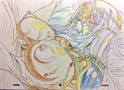 1boy armor black_hair blue_armor boy_on_top breasts circlet commentary_request cum dark-skinned_female dark_skin erection facial_mark fate/grand_order fate_(series) female forehead_jewel grabbing_another's_breast green_eyes groping hat highres large_breasts long_hair lying mouth_veil nipples on_back paizuri paizuri_under_clothes parted_bangs pauldrons penis scheherazade_(fate) scheherazade_(first_ascension)_(fate) sharekoube shoulder_armor straddling_paizuri straight traditional_media veil