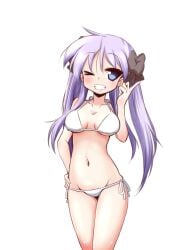 1girls artist_request bikini cute kagami_hiiragi lucky_star purple_hair smile solo_focus tagme white_background