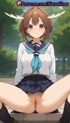 1girls :3 ai_generated anime anime_style antlers anus arm_support asshole bangs black_sailor_collar black_skirt black_socks blue_neckerchief blue_sailor_collar blue_skirt blush breast_pocket breasts brown_footwear brown_hair bust busty clitoris closed_mouth day female female_focus female_only fence green_eyes hair_between_eyes horns kneehighs labia labia_majora large_breasts leaning_back loafers long_sleeves looking_at_viewer medium_breasts midriff_peek miniskirt natsuyoru neckerchief no_panties outdoors paipan pleated_skirt pussy pussy_lips pussy_peek sailor_collar sailor_uniform school_uniform serafuku shikanoko_noko shikanoko_nokonoko_koshitantan shirt shoes short_hair sitting skirt skirt_lift sky smile socks solo solo_female spread_legs thighs tree uncensored vagina voluptuous voluptuous_female vulva white_shirt yellow_eyes