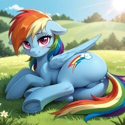 ai_generated animal_genitalia animal_pussy anus ass blue_body blue_fur cutie_mark dock equid equine equine_genitalia equine_pussy female female_only feral feral_only friendship_is_magic grass hasbro hooves horse looking_at_viewer my_little_pony pegasus pony pussy rainbow_dash_(mlp) rainbow_hair rainbow_tail tail underhoof