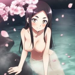 1girls ai_generated black_hair blush cherry_blossoms completely_nude falling_petals fusou_empire_princess long_hair looking_at_viewer medium_breasts nipples novelai nude on_water rock sitting smile strike_witches world_witches_series