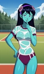 4kids_entertainment ai_generated alien alien_girl ass bigmic145 black_hair blue_eyes blue_skin breasts buruma female gym_clothes gym_uniform pointy_ears see-through see-through_clothing starlee_hambrath t-shirt tease teasing teenage_mutant_ninja_turtles teenage_mutant_ninja_turtles_(2003) tmnt tmnt_2003 water_fight wet wet_clothes wet_clothing