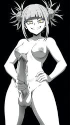 1futa ai_generated big_breasts big_penis black_background futa_only futanari himiko_toga looking_at_viewer monochrome my_hero_academia solo yellow_eyes