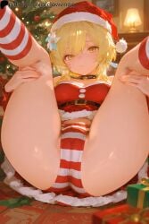 1girls ass ass_focus belt blonde_hair blush breasts cameltoe choker christmas christmas_hat christmas_outfit christmas_tree clothed clothing female female_focus female_only flower_in_hair folded genshin_impact hat holding_legs indoors legs legs_up looking_at_viewer lumine_(genshin_impact) lying on_back on_floor panties presenting solo solo_female solo_focus striped_legwear striped_panties thick_thighs thighhighs thighs yellow_hair young younger_female