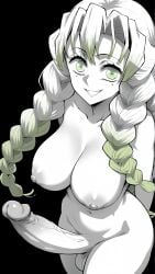 1futa ai_generated big_breasts big_penis black_background demon_slayer futa_only futanari green_eyes kanroji_mitsuri kimetsu_no_yaiba looking_at_viewer monochrome