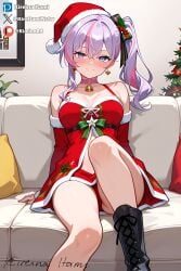 (kireinaitami) breasts christmas kanami_(strinova) oppai smiley_face strinova thighs tight_clothing xmas