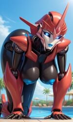 1robot_girl absurd_res ai_generated all_fours arcee arcee_(prime) ass bending_over big_breasts blue_eyes blue_nipples breasts giantess hasbro hi_res highres huge_ass lips looking_at_viewer nipples no_bra on_knees poolside robot_humanoid roger1011 solo transformers transformers_prime