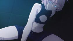 1girls blue_eyes call_of_the_night clothing fangs female female_focus grin hi_res highres keyhole_clothing lavender_hair light-skinned_female midriff nanakusa_nazuna night short_hair shorts small_breasts thighs vampire vampire_girl yofukashi_no_uta