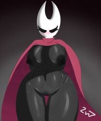 2vv7 absurd_res areola big_breasts black_areola black_nipples black_pussy blush breasts cloak clothing female front_view genitals glistening glistening_body glistening_skin hi_res hollow_knight hornet_(hollow_knight) humanoid nipples presenting presenting_breasts pussy solo standing team_cherry video_games