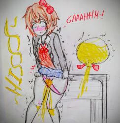 alphahyoudou bladder blush bow clothing doki_doki_literature_club female flustered orange_hair panties peeing peeing_on_self peeing_self pink_panties pissing_on_self pulling_panties_down pussy red_text sayori_(doki_doki_literature_club) sketch skirt text urine