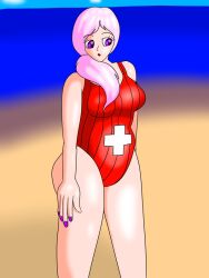 beach candace_(spector) female lifeguard nurse one-piece_swimsuit pink_hair spector standing swimsuit