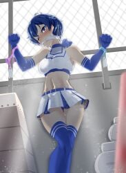 1girls big_breasts blue_eyes blue_hair blush bondage bound cheerleader_uniform cleave_gag gag gagged gym_storeroom helpless helpless_girl jump_rope kamishiro_sui kanie_did long_gloves medium_breasts short_hair skirt sweat thighhighs tokyo_7th_sisters