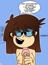 aged_up big_penis breasts female glasses glasses_only lisa_loud male_pov mardooge_x_(artist) nickelodeon nipples nude_female offscreen_male penis penis_grab text text_bubble the_loud_house