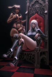 1girls angelise_reiter blue_eyes bored commentary_request cum cum_on_thighs demon_horns dominant_female final_fantasy final_fantasy_xiv futa_on_female futanari garlean handjob heel_boots heeled_boots oc original original_character silver_hair submissive_futa tagme throne toumeimei viera white_hair