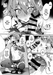 1male 2boys astolfo_(fate) astolfo_(saber)_(fate) big_areola big_penis blowing blowjob blowjob_face bunny_ears dialogue dick_on_face fate/grand_order fate_(series) femboy gay gudao heart-shaped_pupils male male_on_femboy male_on_male male_only masturbating masturbating_during_fellatio masturbation morikoke penis_lick penis_on_face penis_on_head penis_out penis_tip pink_hair precum pubes pubic_hair stockings sucking_penis twitching yaoi