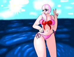 bikini bikini_bottom bikini_top bow candace_(spector) on_beach peace_sign pink_bikini smiling_at_viewer spector swimsuit swimwear