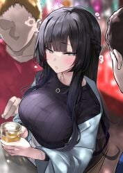 1girls 2boys alcohol aphrodisiac black_hair blue_eyes blush breasts clothed_female drink drugged drunk faceless_male female female_focus large_breasts mitsudoue original original_character sitting spiked