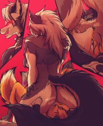 2022 absurd_res anthro ass ass_worship biped black_body black_fur breasts canid canid_demon canine collar demon digital_media_(artwork) duo eating_ass facesitting female fox fur hair hellhound helluva_boss hi_res kyron-ladon loona_(helluva_boss) male male/female mammal open_mouth open_smile orange_body orange_fur red_background red_sclera simple_background smile spiked_collar spikes under_boob white_body white_eyes white_fur white_hair