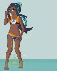 dimwitrolo nessa_(pokemon) peeing peeing_into_water peeing_self peeing_swimsuit pokemon pokemon_ss smiling standing standing_in_water swimming_trunks swimsuit water wetting wetting_self