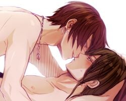 2boys black_hair blush dark_hair eye_patch gay gintama implied_sex katsura_kotarou long_hair_male looking_at_another male male_only necklace on_back profile smile sweatdrop takasugi_shinsuke topless topless_male upper_body yaoi