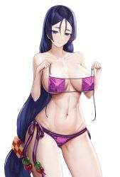 1girls absurdres big_breasts bikini bikini_top_removed black_hair blue_eyes breasts busty closed_mouth collarbone cowboy_shot cryturtle eyepatch_bikini fate/grand_order fate_(series) female gluteal_fold hair_ornament hands_up highres hime_cut holding holding_clothes holding_swimsuit large_breasts long_hair looking_at_viewer low-tied_long_hair minamoto_no_raikou_(fate) minamoto_no_raikou_(fate/grand_order) minamoto_no_raikou_(swimsuit_lancer) minamoto_no_raikou_(swimsuit_lancer)_(fate) navel official_alternate_costume purple_bikini purple_hair side-tie_bikini simple_background smile solo stomach swimsuit teasing thighs white_background