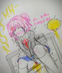 alphahyoudou blue_skirt blush clothing doki_doki_literature_club english_text female female_focus female_only natsuki_(doki_doki_literature_club) omorashi peeing peeing_on_self peeing_self pink_eyes pink_hair pink_text pissing_on_self scared school_uniform sketch skirt socks tears tears_in_eyes text uniform urine white_socks