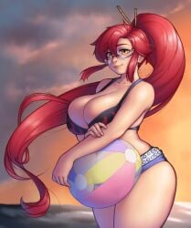 1girls beach beach_ball big_breasts breasts cleavage cleavage_overflow female female_only glasses imaginaricide long_hair orange_eyes red_hair solo solo_female sunset tagme tengen_toppa_gurren-lagann tengen_toppa_gurren_lagann thick_ass thick_thighs weaponized_thickness yoko_littner