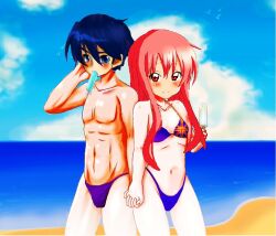 1boy 1girls beach bikini blue_eyes blue_hair blush breasts couple female flag_print food hand_holding holding_hands long_hair looking_at_viewer louise_francoise_le_blanc_de_la_valliere male muscular muscular_male navel ocean pink_eyes pink_hair popsicle saito_hiraga short_hair small_breasts smile swimsuit thong_bikini water zero_no_tsukaima