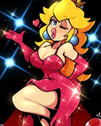 1girls big_breasts big_lips blonde_hair blue_earrings blue_eyes breasts cleavage clothed clothing crown dress ear_piercing earrings female female_focus hair heart legendofnerd lips lipstick mario_(series) nintendo one_eye_closed pink_lips pink_lipstick princess_peach red_dress red_gloves solo_focus sparkle super_mario_all-stars thick_lips thick_thighs thighs toad_(mario) wink winking