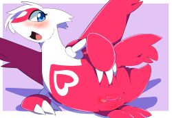 absurd_res anus blue_eyes blush female genitals hi_res latias legendary_pokémon looking_at_viewer luuriolu lying nintendo open_mouth pokemon pokemon_(species) presenting pussy red_body solo video_games white_body