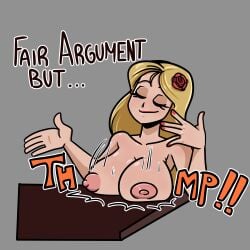 blonde_hair eyelashes fair_argument_but… lana_wake large_breasts lipstick meme original_character red_fingernails sqootshy table thump