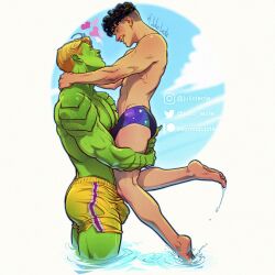 2boys alternate_version_available ass ass_grab black_hair blonde_hair boxers_(clothing) bulge canon_couple cosplay disney gay green-skinned_male green_skin heart hulkling julio_leote lifting light-skinned_male light_skin male male/male male_only marvel muscular muscular_male nipples romantic skinny_male smile smiling theodore_altman wiccan william_kaplan yaoi young_avengers