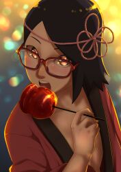 1girls apple black_hair blush boruto:_naruto_next_generations candy_apple eeshin_(eishin5584) eyewear female female_only food glasses glowing glowing_eyes hair_ornament kimono licking long_hair looking_at_viewer naruto naruto_(series) no_bra open_mouth red_eyes sarada_uchiha sexually_suggestive sharingan shiny_eyes solo solo_focus sweat sweatdrop teenage_girl teenager tongue tongue_out upper_body young younger_female yukata