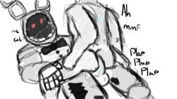 animatronic anthro black_and_white bodily_fluids bonnie_(fnaf) cowgirl_position doxxie five_nights_at_freddy's five_nights_at_freddy's_2 from_front_position furry gay human lagomorph leporid machine male male_only mammal on_bottom on_top onomatopoeia rabbit robot scottgames sex solo sound_effects sweat text withered_bonnie yaoi