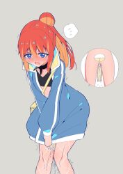 about_to_pee anxious belt blue_jacket fishnets have_to_pee need_to_pee nervous oc omorashi orange_hair original original_character panties peeing peeing_in_bottle peeing_in_cup peeing_into_container peeing_self ponytail rune_(artist) rune_(pixiv_25170019) watersports wet_panties wetting wetting_panties wetting_self white_panties white_skirt