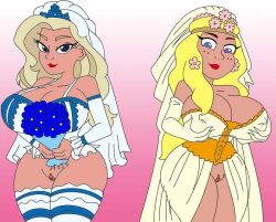 2girls ass bedroom_eyes blonde_female blonde_hair bouquet bridal_lingerie bridal_veil bride busty cleavage cleavage_overflow clitoris corset disney disney_xd female female_only ferozyraptor flowers flowers_in_hair freckles going_commando gretchen_flammkuchen headband holding_breasts hourglass_figure huge_breasts lingerie long_gloves looking_at_viewer milo_murphy's_law mostly_clothed multiple_girls nipples_visible_through_clothing no_panties partially_nude presenting_breasts red_lipstick seductive seductive_look seductive_smile smile thick_ass thick_thighs vagina veronica_(milo_murphy's_law) voluptuous vulva wedding_dress wide_hips