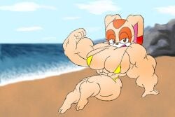 1girls abs beach big_breasts breasts brown_eyes cleavage cream_the_rabbit extreme_muscles female female_focus female_only flexing flexing_arms flexing_bicep flexing_muscles giant_breasts gigantic_breasts huge_breasts large_breasts muscle muscle_girl muscular_anthro muscular_arms muscular_female semi_closed_eyes sitting solo sonic_(series) sonic_the_hedgehog_(series) swimsuit tagme water yellow_bikini zatchbell19