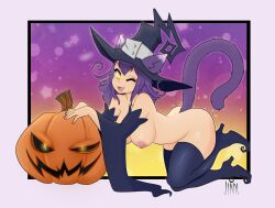 background blair_(soul_eater) cat_ears cat_tail detached_sleeves high_heel_boots high_heels jack-o'-lantern jinx_doodle nipples on_all_fours purple_hair soul_eater thick_thighs thighhighs wink witch_hat yellow_eyes