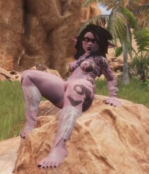 3d_(artwork) black_hair black_nails black_sclera breasts conan_exiles exterior facepaint freckles_on_face goblin goblin_female oc purple_skin red_eyes scars shortstack tattoo thick_thighs video_game