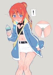 about_to_pee anxious belt blue_jacket fishnets have_to_pee holding_bottle need_to_pee nervous oc omorashi orange_hair original original_character peeing peeing_self ponytail rune_(artist) rune_(pixiv_25170019) watersports wetting wetting_panties wetting_self white_skirt